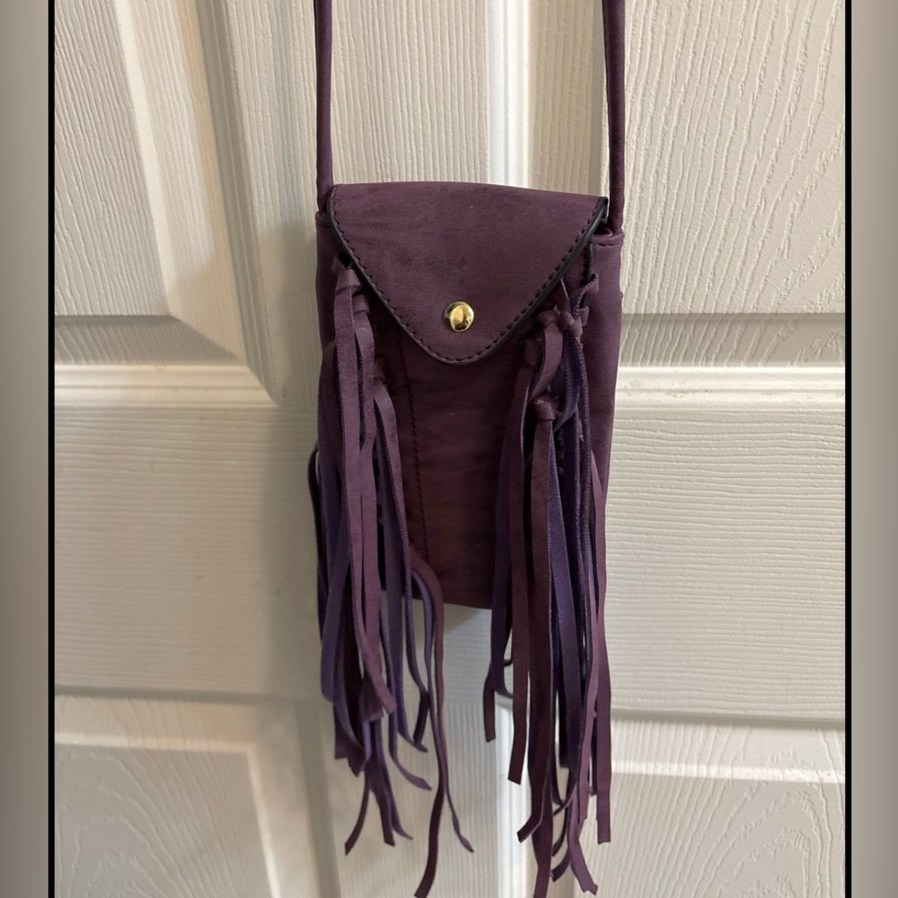 Crossbody for Cell Phone w/ Fringe Eggplant Color Sueded Vegan Leather